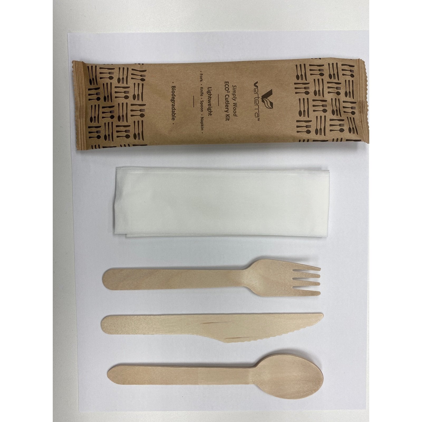 Light Weight Wooden Cutlery Kit with Napkin (Fork, Knife, Spoon with Napkin) (25 count Retail pack)-VerTerra Dinnerware